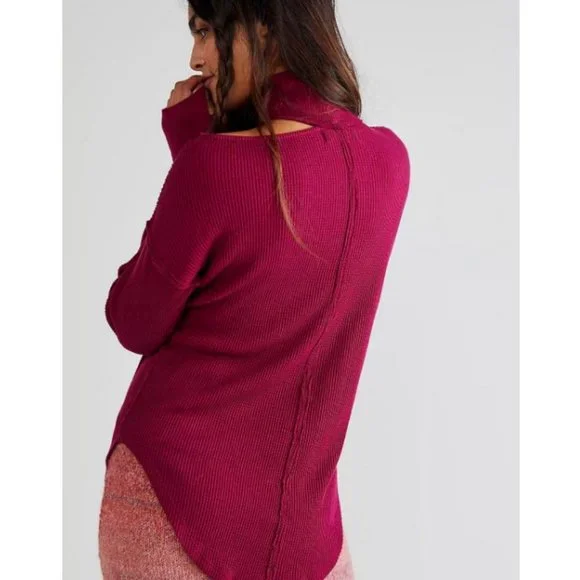 NEW Free People Just For You Cutout Shoulder Mock Neck Thermal Top Wine $98 S - Picture 4 of 11